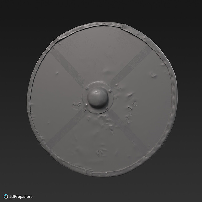 3d scan of a wooden normann shield with leathered edges, black, white and red patterns, and with metal element in the middle, from 900, Europe.