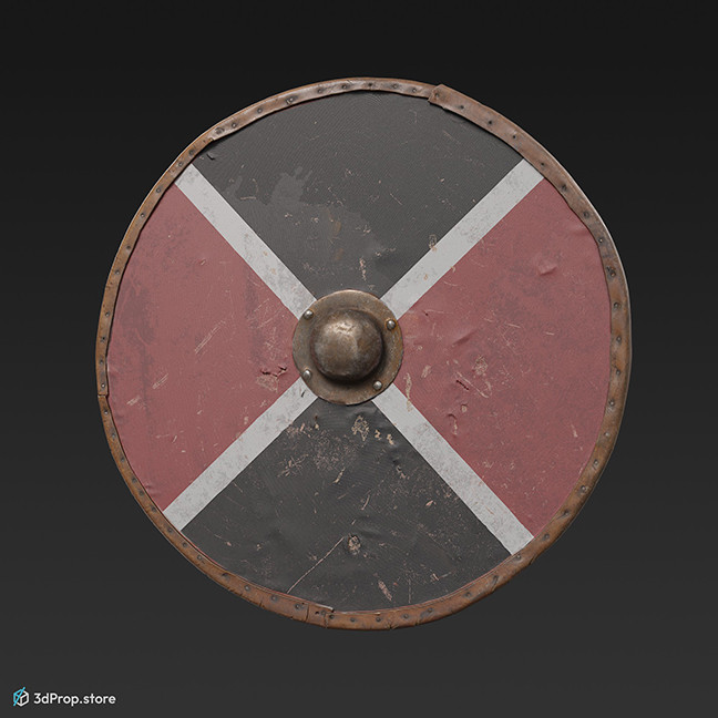 3d scan of a wooden normann shield with leathered edges, black, white and red patterns, and with metal element in the middle, from 900, Europe.