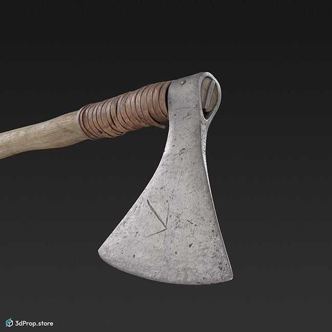 3D model of a sharp, norman battle axe, with long, wooden handle and leather covered grip part, from 900, Europe.