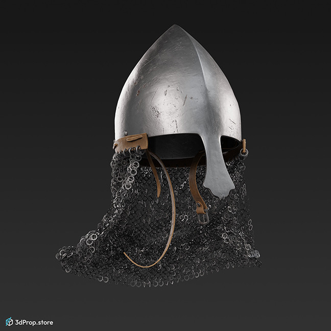 3d scan of a Norman metal helmet with chainmail from 900, Europe.