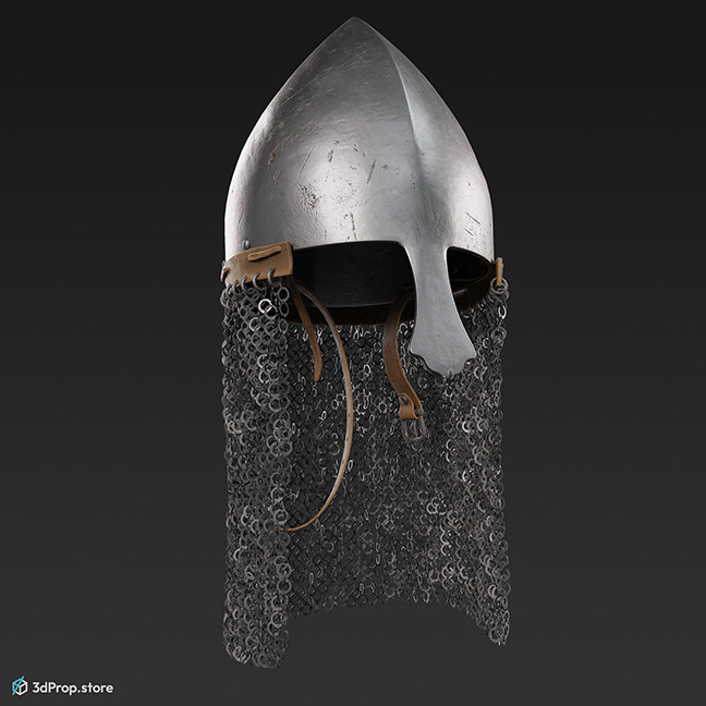 3d scan of a Norman metal helmet with chainmail from 900, Europe.