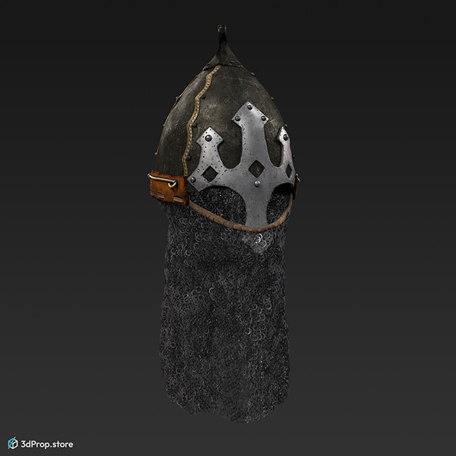 3d scan of a Norman metal helmet with chainmail from 900, Europe.