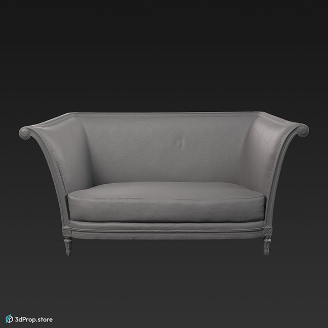 3D scan of a two- or three-seater, green textile covered, cushioned couch with a white wooden frame, which surrounds the arm-rest and part of the back-rest area as well, from 1900, Europe.