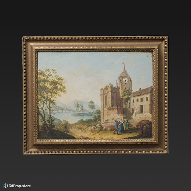 3D scan of a wood-framed painting, showing landscape with castle and people in the foreground and mountains and a lake in the distance, from 1900, Europe.