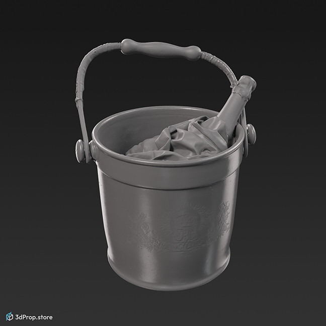 3D scan of a white champagne bucket from the 1900s, with blue decorations and a champagne bottle inside.