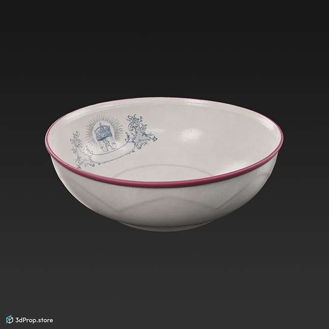 3D scan of a white porcelain washing bowl with pink rim, from 1900, Europe.