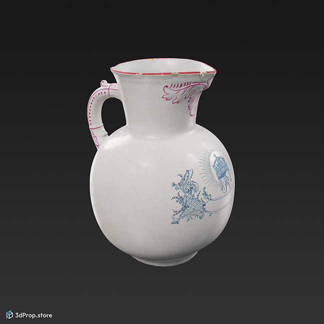 3D scan of a white porcelain washing jug decorated with pink and blue pattern, from 1900, Europe.