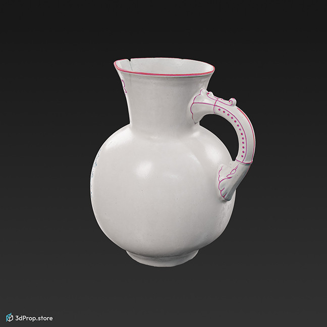 3D scan of a white porcelain washing jug decorated with pink and blue pattern, from 1900, Europe.