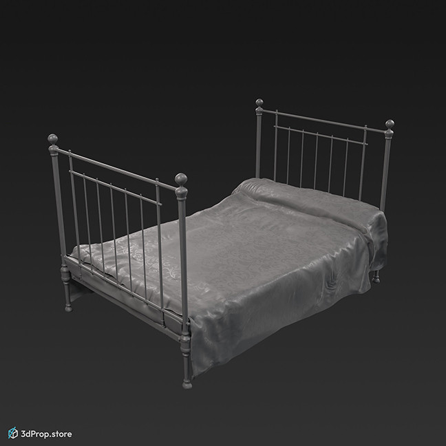 3D model of a hotel bed from 1900s. It has a metal bed frame and red silk bedspread