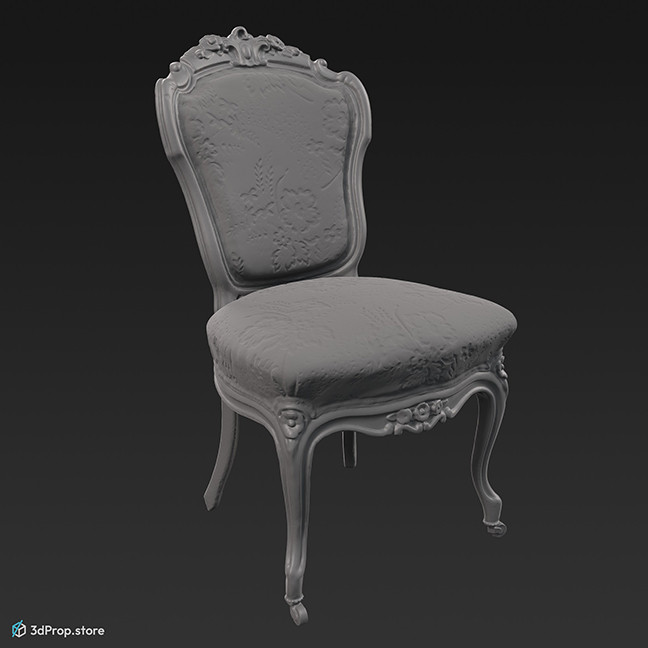 3D scan of a hotel chair with gilded wooden chair frame and with green, floral patterned upholstery, from 1900, Europe.