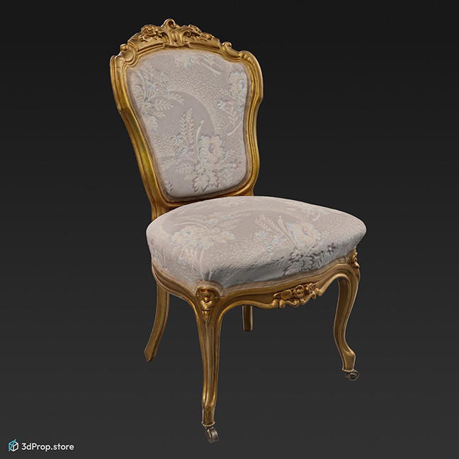 3D scan of a hotel chair with gilded wooden chair frame and with green, floral patterned upholstery, from 1900, Europe.