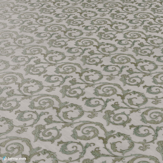 Texture of a white wallpaper with green, curved patterns