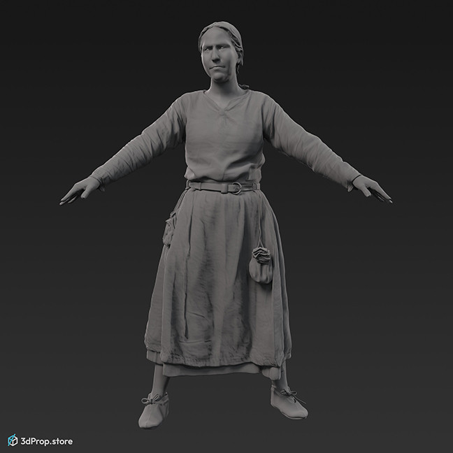 3D scan of a standing Danish, viking woman from the 900s, Europe, standing in an A posture, wearing linen and wool clothing with metal jewellery .