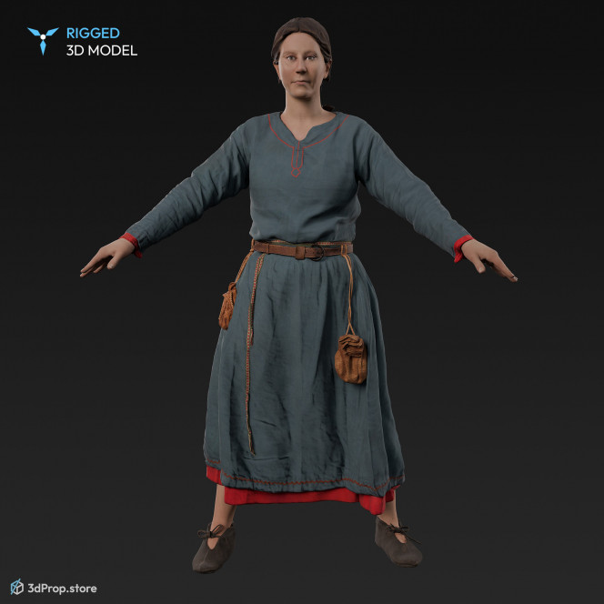 3D scan of a standing Danish, viking woman from the 900s, Europe, standing in an A posture, wearing linen and wool clothing with metal jewelry.