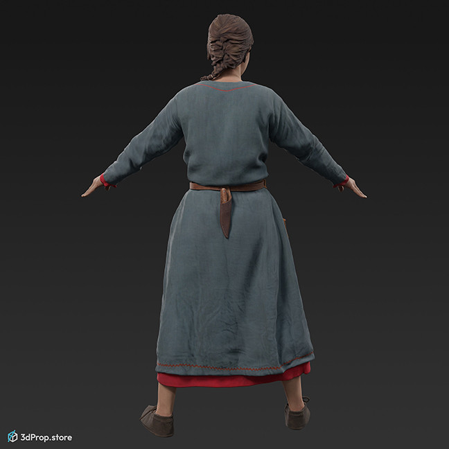 3D scan of a standing Danish, viking woman from the 900s, Europe, standing in an A posture, wearing linen and wool clothing with metal jewellery .