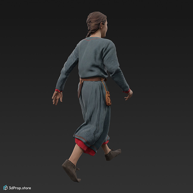 3D scan of a walking Danish, viking woman from the 900s, Europe, wearing linen and wool clothing with metal jewellery .
