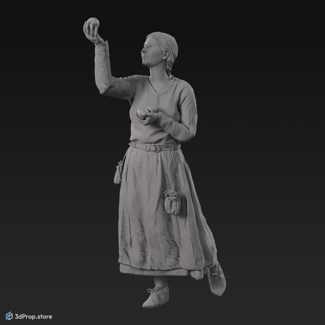 3D scan of a Danish, viking woman while haversting apples, from the 900s, Europe, wearing linen and wool clothing with metal jewellery .