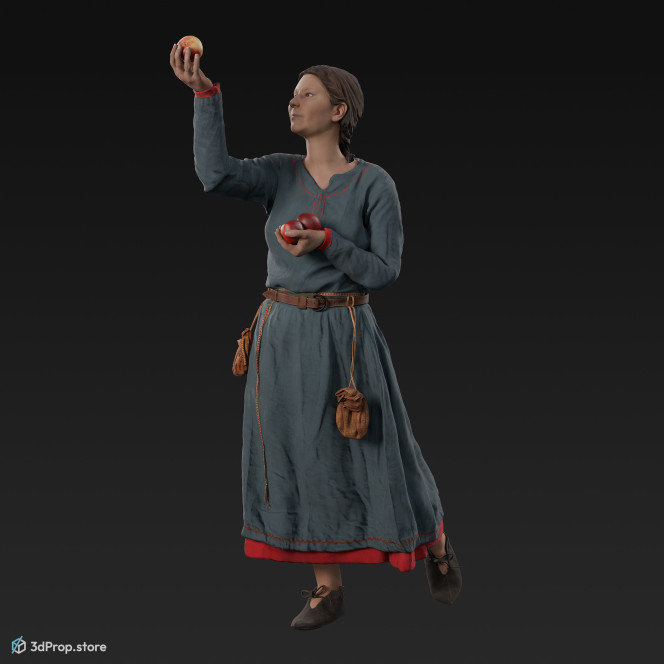 3D scan of a Danish, viking woman while haversting apples, from the 900s, Europe, wearing linen and wool clothing with metal jewellery .