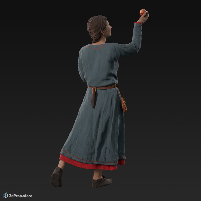 3D scan of a Danish, viking woman while haversting apples, from the 900s, Europe, wearing linen and wool clothing with metal jewellery .