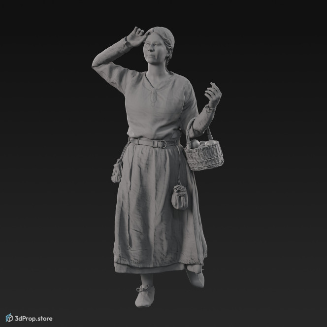 3D scan of a standing Danish, viking woman with a wicker basket filled with apples from the 900s, Europe, wearing a blue linen and wool clothing with metal jewellery .