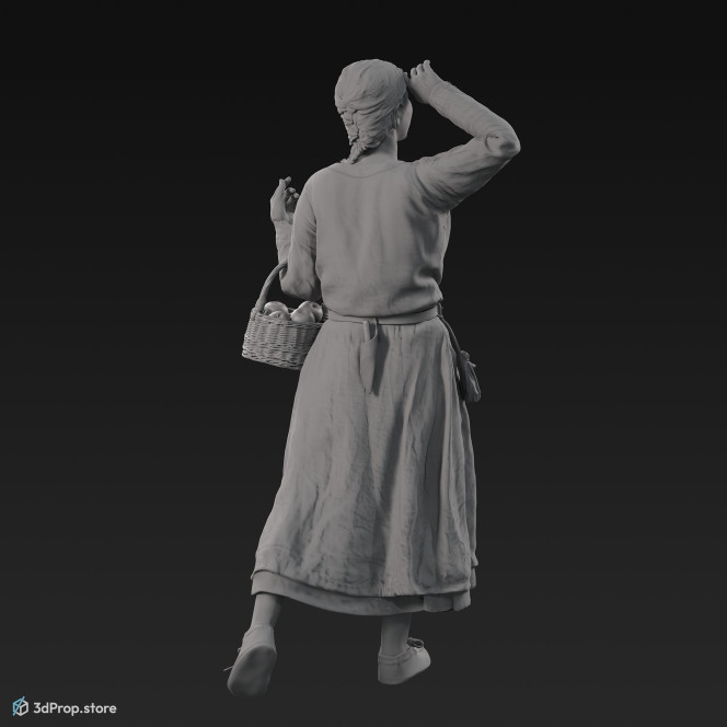 3D scan of a standing Danish, viking woman with a wicker basket filled with apples from the 900s, Europe, wearing a blue linen and wool clothing with metal jewellery .