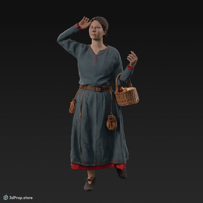 3D scan of a standing Danish, viking woman with a wicker basket filled with apples from the 900s, Europe, wearing a blue linen and wool clothing with metal jewellery .