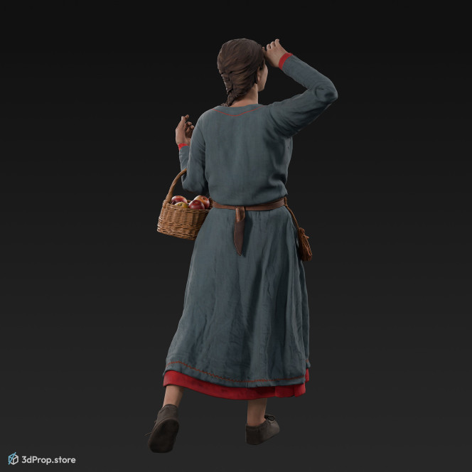 3D scan of a standing Danish, viking woman with a wicker basket filled with apples from the 900s, Europe, wearing a blue linen and wool clothing with metal jewellery .