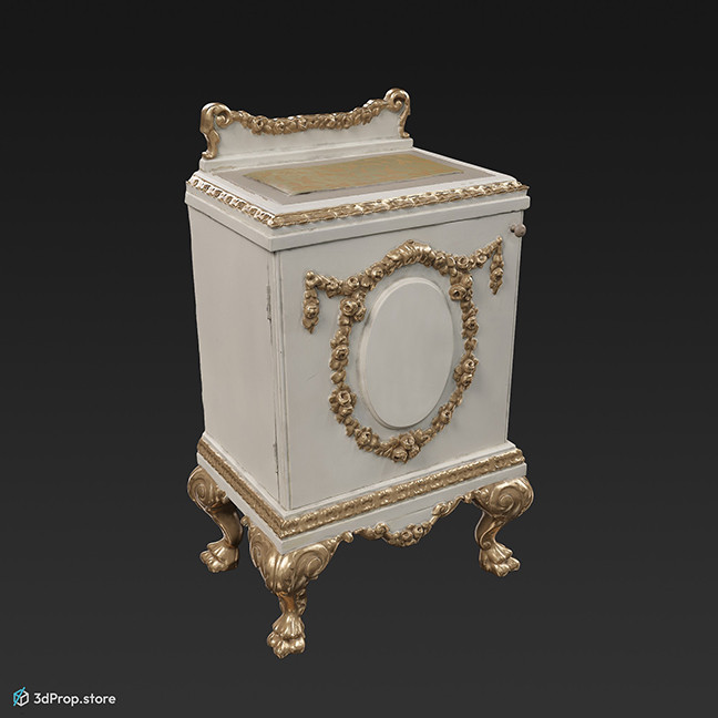 3D scan of a white wooden nightstand, decorated with golden legs and golden onlays from 1890, Europe.