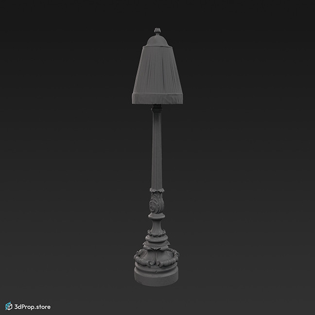 3D scan of a standing lamp with a textile yellow lampshade and a long wooden body carved in detail, from 1900, Europe.