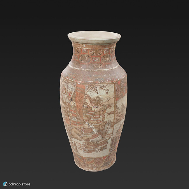 3D scan of a large, oval porcelain vase with a bulbous body and a thinner neck and with Japanese vase art on its side, from 1850.