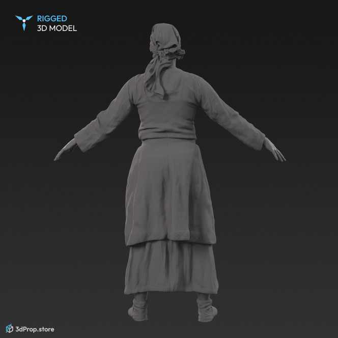 3D scan of a standing Scandinavian woman from the 800s, Europe, standing in an A posture, wearing linen and wool clothing.