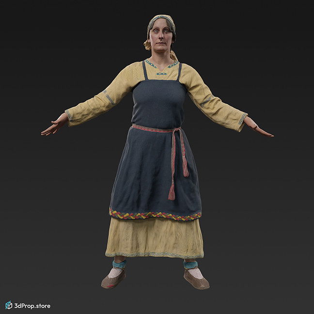 3D scan of a standing Scandinavian woman from the 800s, Europe, standing in an A posture, wearing linen and wool clothing with metal jewellery .