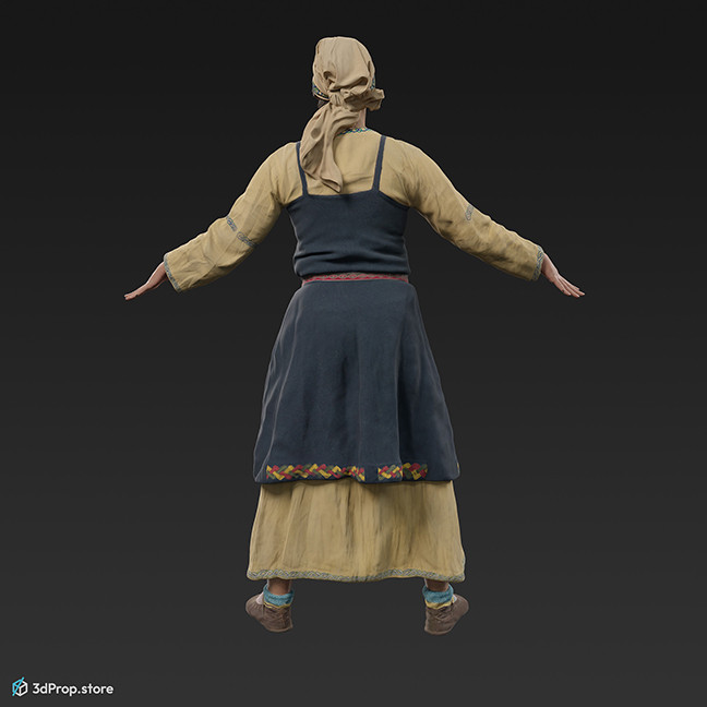 3D scan of a standing Scandinavian woman from the 800s, Europe, standing in an A posture, wearing linen and wool clothing with metal jewellery .