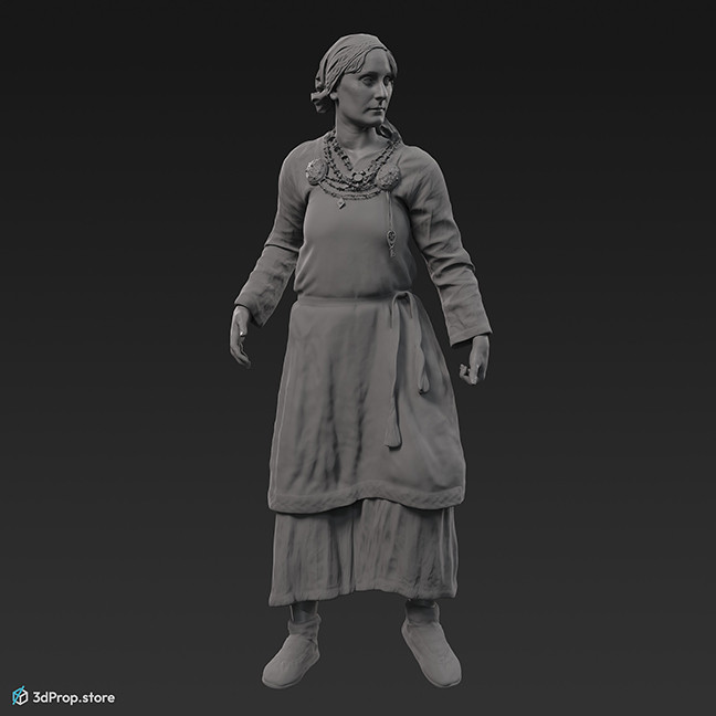 3D scan of a standing Scandinavian woman from the 800s, Europe, wearing linen and wool clothing with metal jewellery.