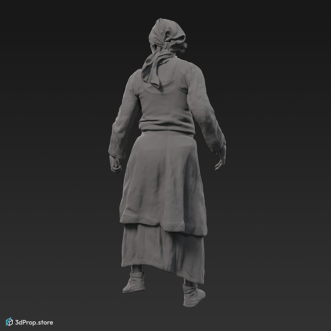 3D scan of a standing Scandinavian woman from the 800s, Europe, wearing linen and wool clothing with metal jewellery.