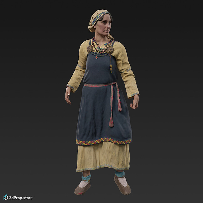 3D scan of a standing Scandinavian woman from the 800s, Europe, wearing linen and wool clothing with metal jewellery .