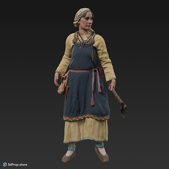 3D scan of a standing Scandinavian woman from the 800s, Europe, wearing linen and wool clothing with metal jewellery.