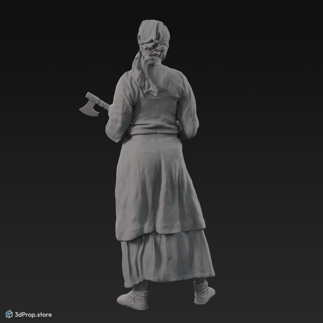 3D scan of a standing Scandinavian woman with a weapon in her hands, from the 800s, Europe, wearing linen and wool clothing with metal jewellery.