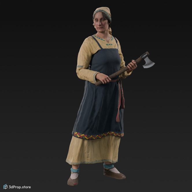 3D scan of a standing Scandinavian woman with a weapon in her hands, from the 800s, Europe, wearing linen and wool clothing with metal jewellery.