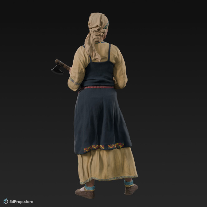 3D scan of a standing Scandinavian woman with a weapon in her hands, from the 800s, Europe, wearing linen and wool clothing with metal jewellery.