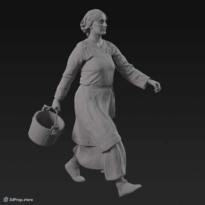 3D scan of a walking Scandinavian woman, carrying a bucket, from the 800s, Europe. She is wearing linen and wool clothing with metal jewellery.