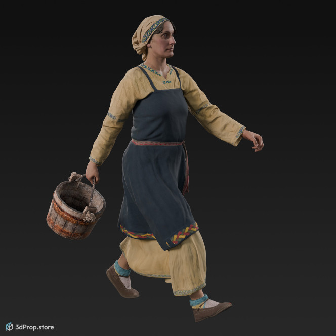 3D scan of a walking Scandinavian woman, carrying a bucket, from the 800s, Europe. She is wearing linen and wool clothing with metal jewellery.