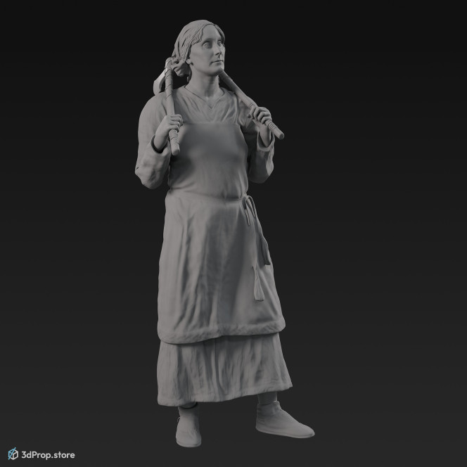 3D scan of a standing Scandinavian woman with two metal axes, from the 800s, Europe, wearing linen and wool clothing with metal jewellery.