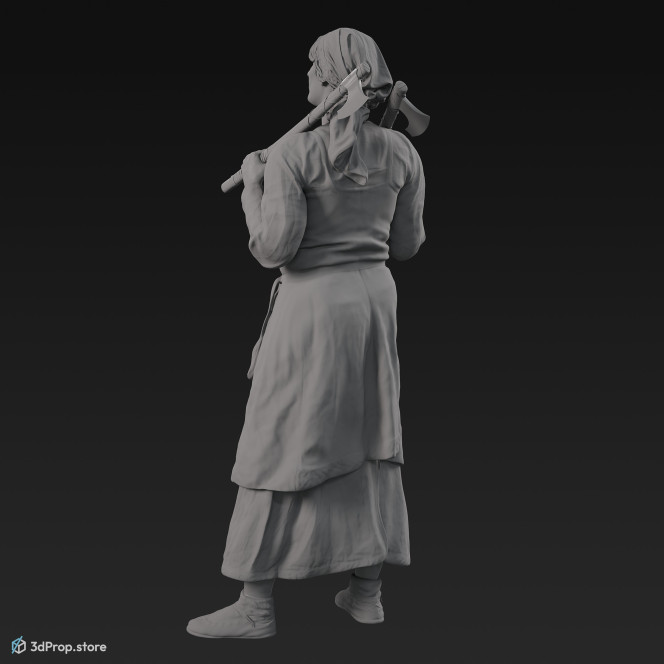 3D scan of a standing Scandinavian woman with two metal axes, from the 800s, Europe, wearing linen and wool clothing with metal jewellery.