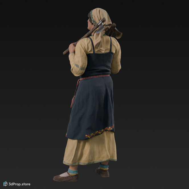 3D scan of a standing Scandinavian woman with two metal axes, from the 800s, Europe, wearing linen and wool clothing with metal jewellery.