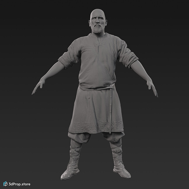 3D scan of a standing Scandinavian warrior man in an A posture, wearing linen, leather and wool clothing with bag from 900, Europe.