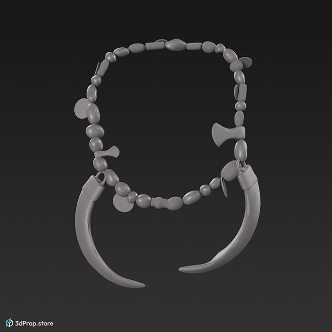 3d scanned Scandinavian ancient leather necklace with large fang pendants on both sides, from 900, Europe.