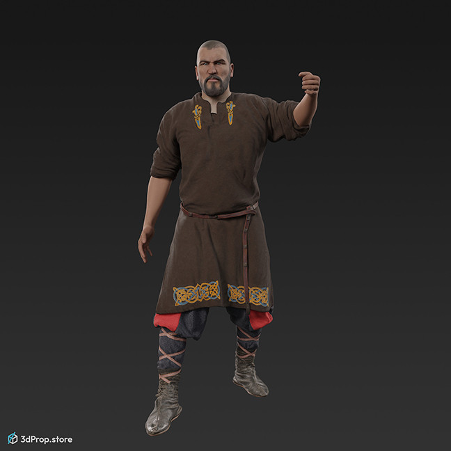 3D scan of a Scandinavian warrior man, wearing linen, leather and wool clothing with bag from 900, Europe.