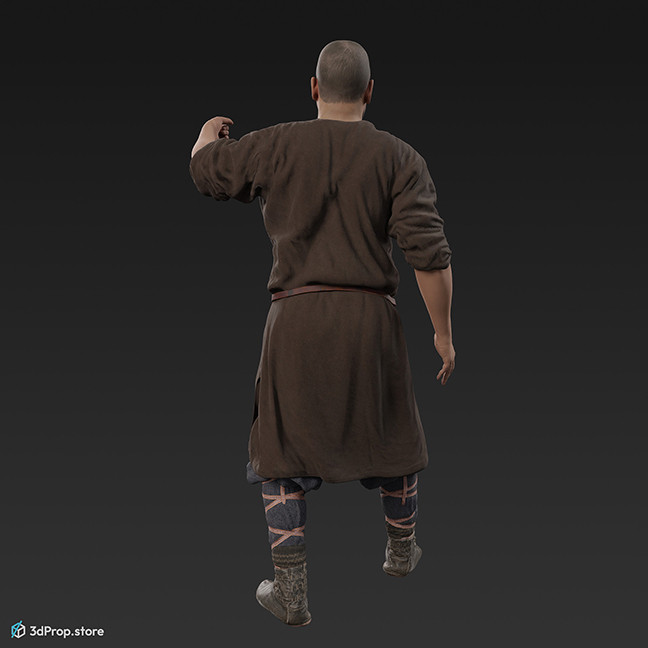 3D scan of a Scandinavian warrior man, wearing linen, leather and wool clothing with bag from 900, Europe.