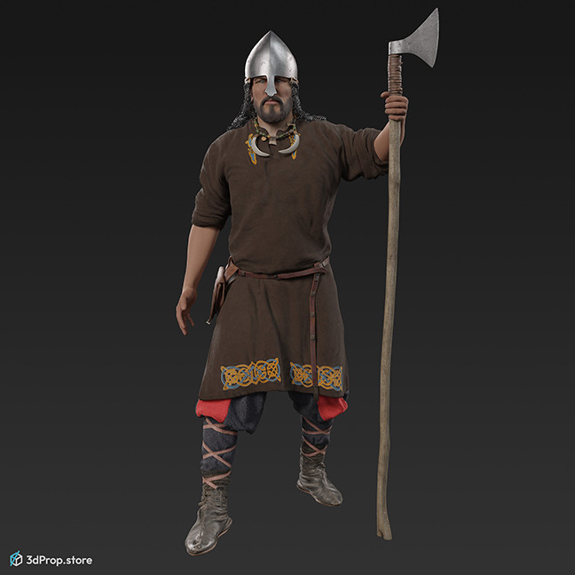 3D scan of a Scandinavian warrior man, wearing linen, leather and wool clothing with bag from 900, Europe.